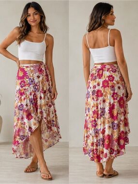 Floral Wrap Maxi Skirt in Pink and Gold